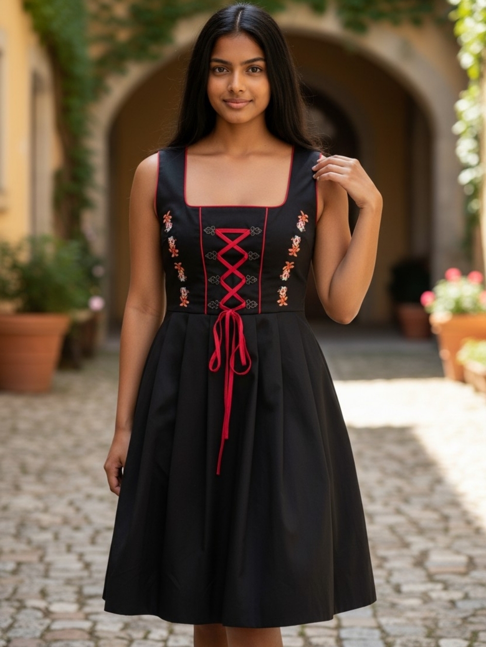 Jasambac Black Dirndl Style Dress Lace Up Corset Embroidered Floral Sz L